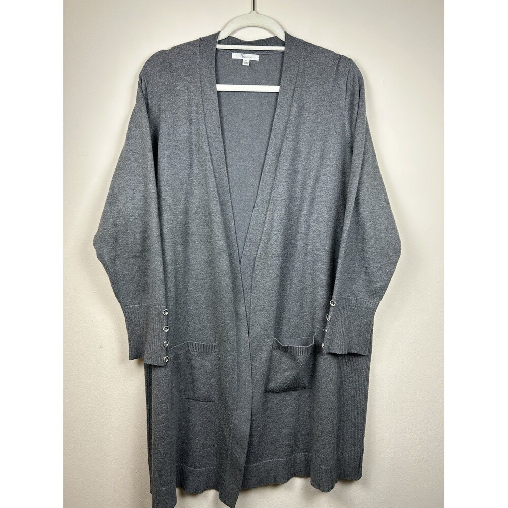 89th Madison Grey Open Front Pocket Long Cardigan Duster Sweater Plus 1X